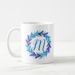 Blue Navy Monogram Initial Christmas Wreath Coffee Mug