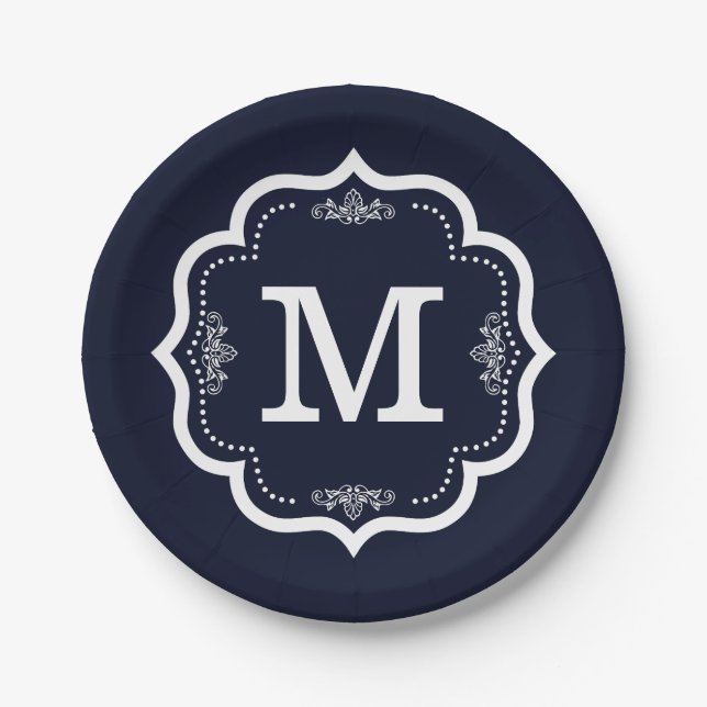 Blue Navy  Monogram Paper Plate (Front)