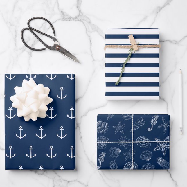 Blue Navy Nautical Anchor Stripes Sea Life Wrapping Paper Sheet (Front)
