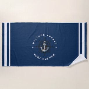 Blue Navy Nautical Anchor yacht club boat marina Beach Towel