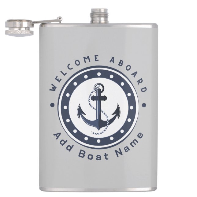 Blue Navy Nautical Anchor yacht club boat marina  Hip Flask (Opened)