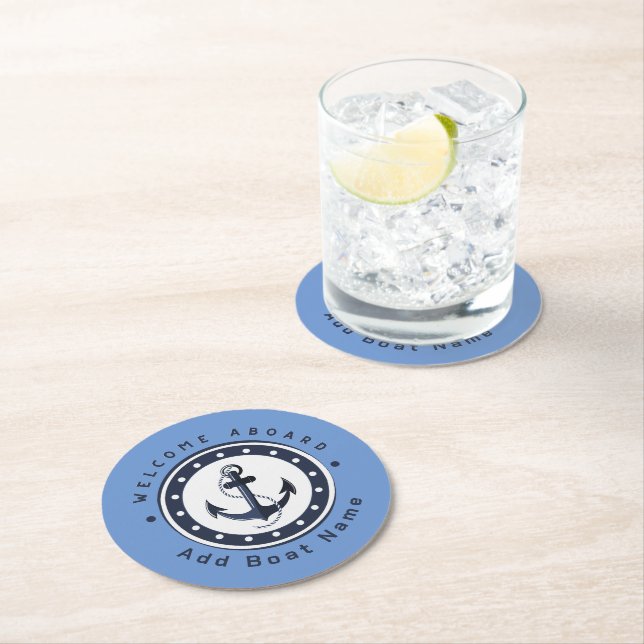 Blue Navy Nautical Anchor yacht club boat marina  Round Paper Coaster (Insitu)