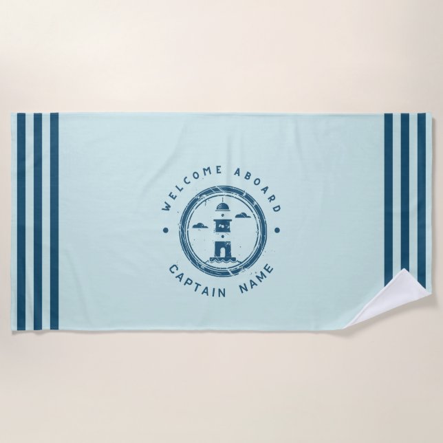 Blue Navy Nautical Anchor yacht club boat Retro Na Beach Towel (Front)