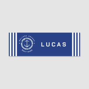 Blue Navy Nautical Anchor yacht club boat Retro Na Name Tag