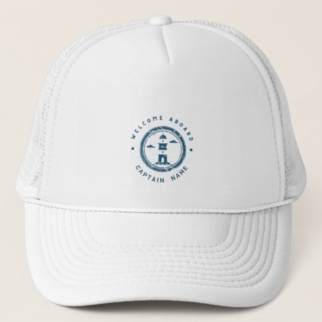 Blue Navy Nautical Anchor yacht club boat Retro Na Trucker Hat (Front)