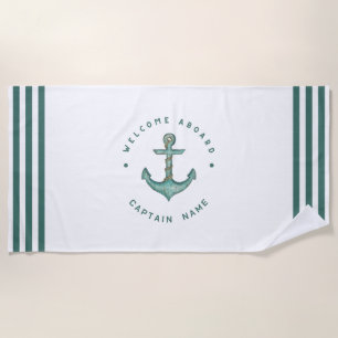 Blue Navy Nautical Anchor yacht club boat sailing Beach Towel