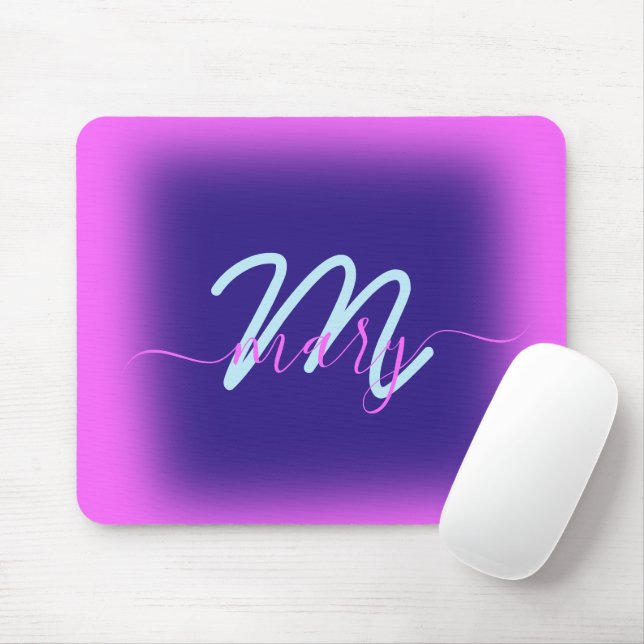 Blue Navy Pink Minimal Name Monogram Bright Mouse Mat (With Mouse)