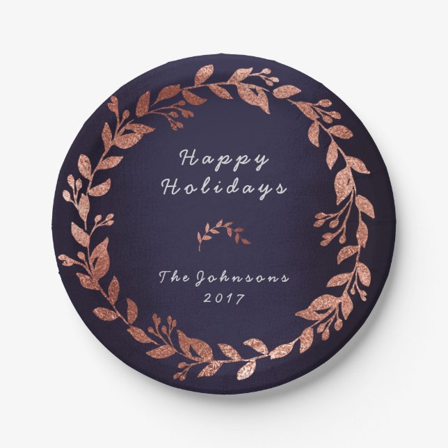 Blue Navy Pink Rose Gold Gray Christmas Paper Plate (Front)