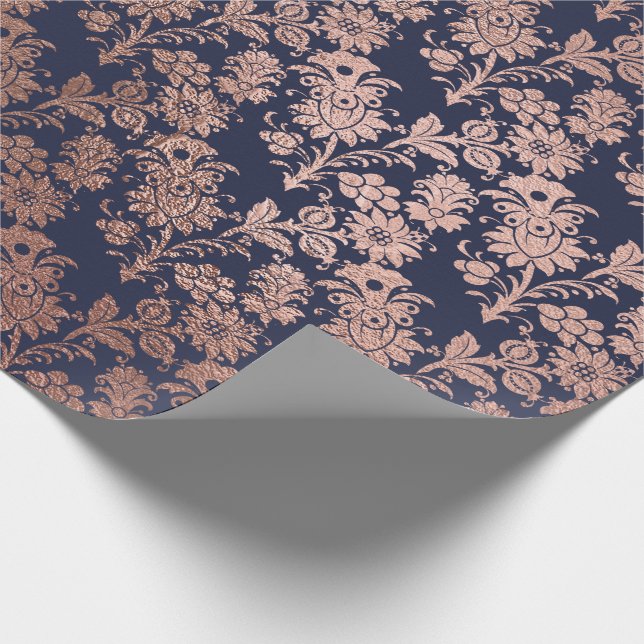 Blue Navy Pink Rose Gold Powder Faux Blush Floral Wrapping Paper (Corner)