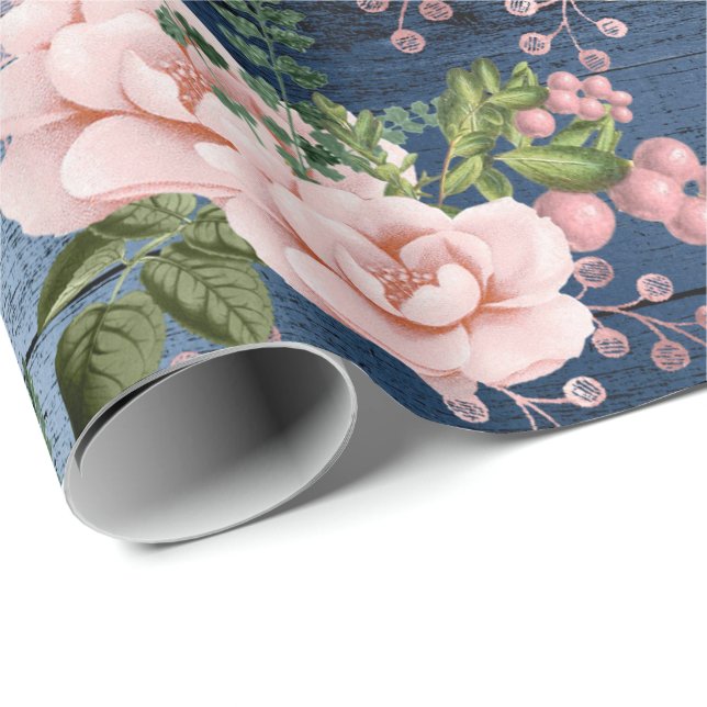 Blue Navy Pink Roses Woodland Rustic Floral Green Wrapping Paper (Roll Corner)