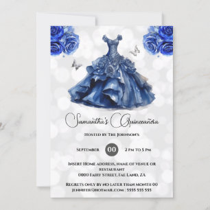 Blue navy princess Quinceañera ballgown roses Invitation