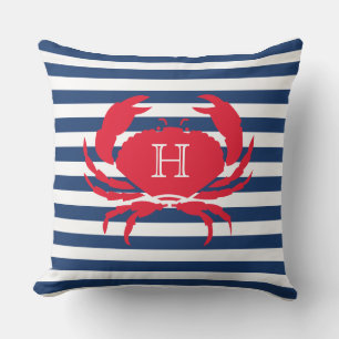 Blue Navy Red Crab Nautical Modern Stripes Outdoor Cushion