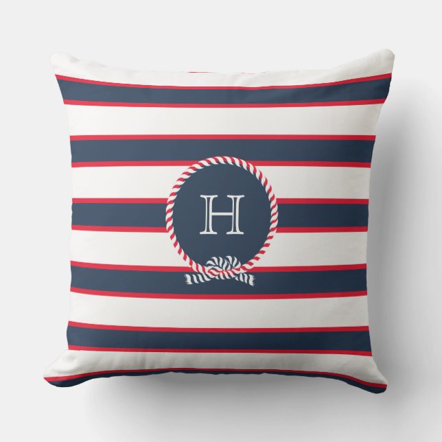 Blue Navy Red White Nautical Monogram Stripes  Cushion (Front)