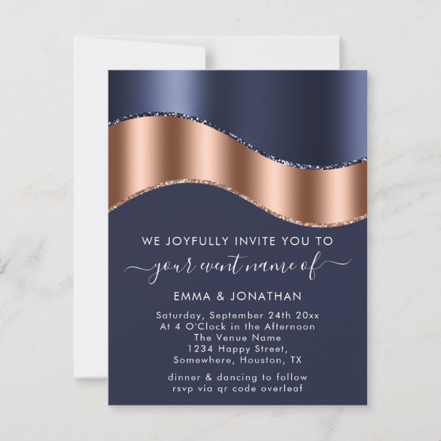 Blue Navy Rose Gold Border Wave QR Code Minimalism (Front)