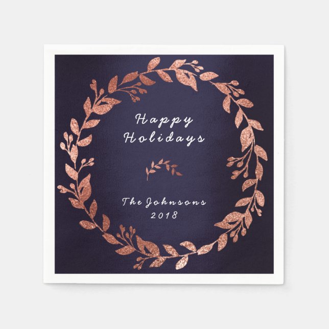 Blue Navy Rose Pink Gold Wedding Holidays Napkin (Front)