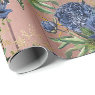 Blue Navy Rose Wood Rustic Floral Green Wedding Wrapping Paper