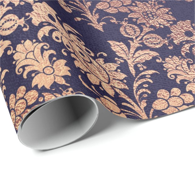 Blue Navy Royal Silver Rose Copper Powder Floral Wrapping Paper (Roll Corner)