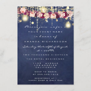 Blue Navy Rustic Gold Lights Jar Bridal Wedding Invitation