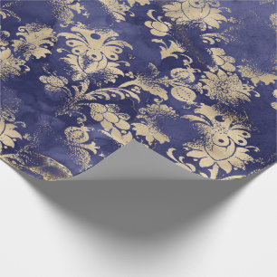 Blue Navy Sepia Gold Flower Graphite Grungy Shabby Wrapping Paper