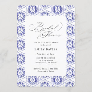 Blue Navy Shibori Batik Tile Bridal Shower Invitation
