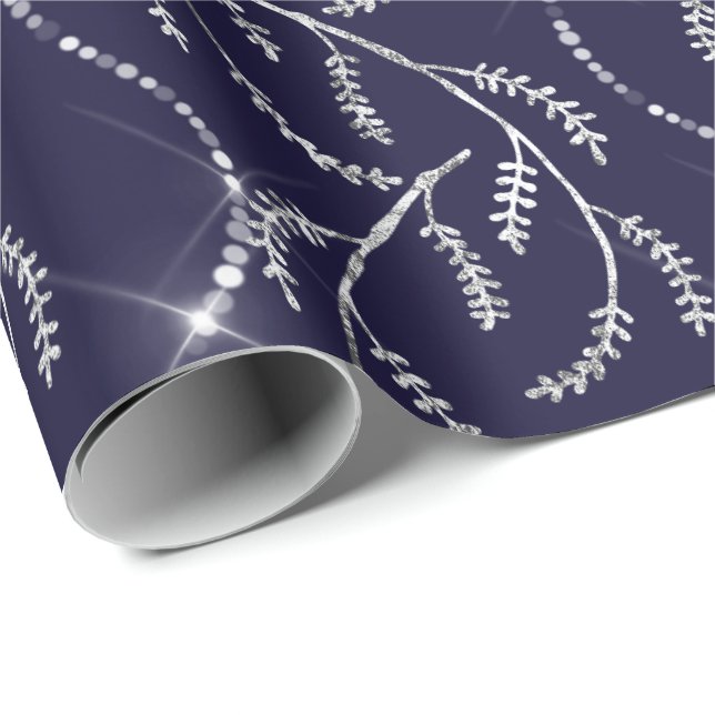 Blue Navy Sparkly Laurel Floral Silver Diamonds Wrapping Paper (Roll Corner)