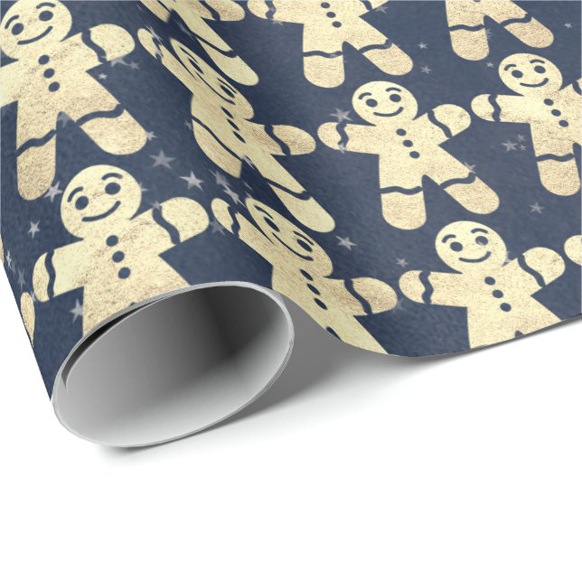 Blue Navy Stars Gold Christmas Ginger Bread Guy Wrapping Paper (Roll Corner)