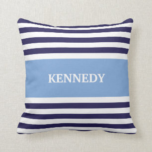 Blue & Navy Stripes & Monogram Cushion