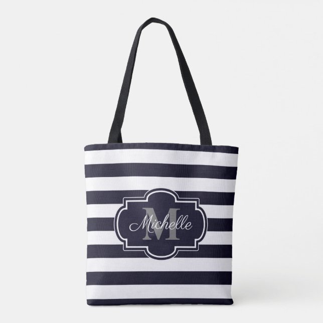 Blue Navy Stripes Pattern Tote Bag (Back)