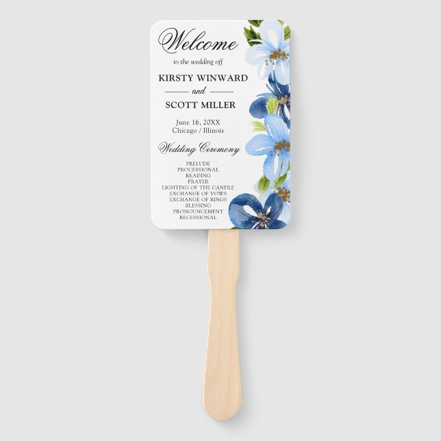 Blue & Navy Summer Flowers Wedding Program Hand Fan (Front)