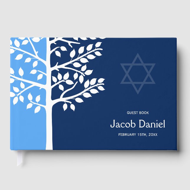 Blue Navy Tree of Life Bar Mitzvah Guest Book (Front)