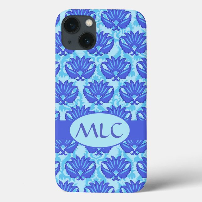 Blue Navy Turquoise Modern Damask Monogram Custom Case-Mate iPhone Case (Back)