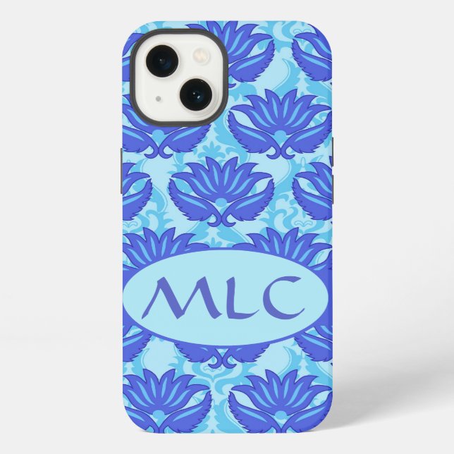 Blue Navy Turquoise Modern Damask Monogram Custom iPhone Case (Back)