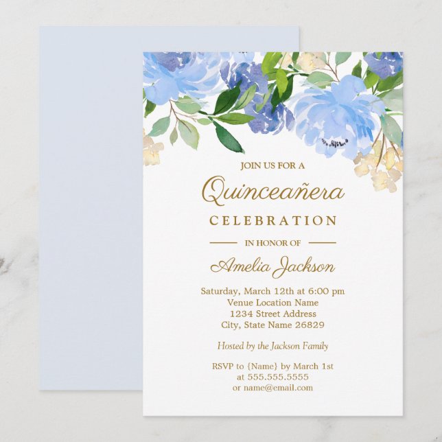 Blue Navy Watercolor Floral Quinceanera Invitation (Front/Back)