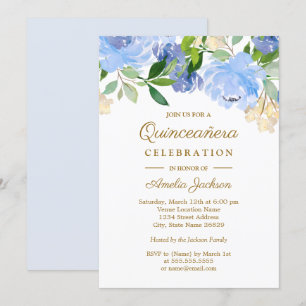 Blue Navy Watercolor Floral Quinceanera Invitation