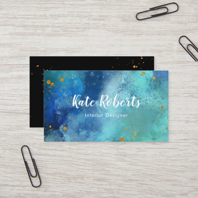 Blue Navy Watercolor gold splats business card (Front/Back In Situ)