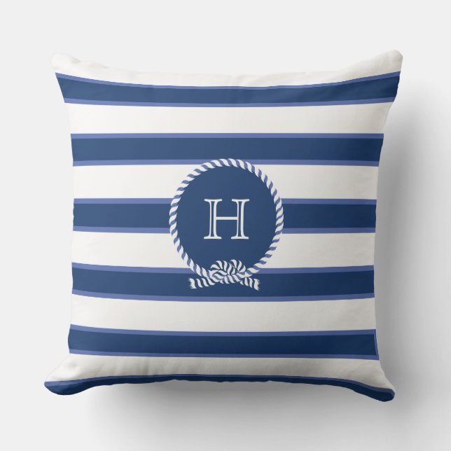 Blue Navy White Nautical Monogram Modern Stripes O Cushion (Front)