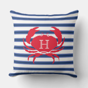 Blue Navy White Red Crab Nautical Modern Stripes O Cushion