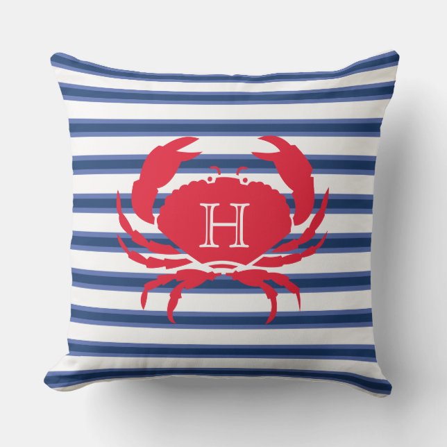 Blue Navy White Red Crab Nautical Modern Stripes O Cushion (Front)