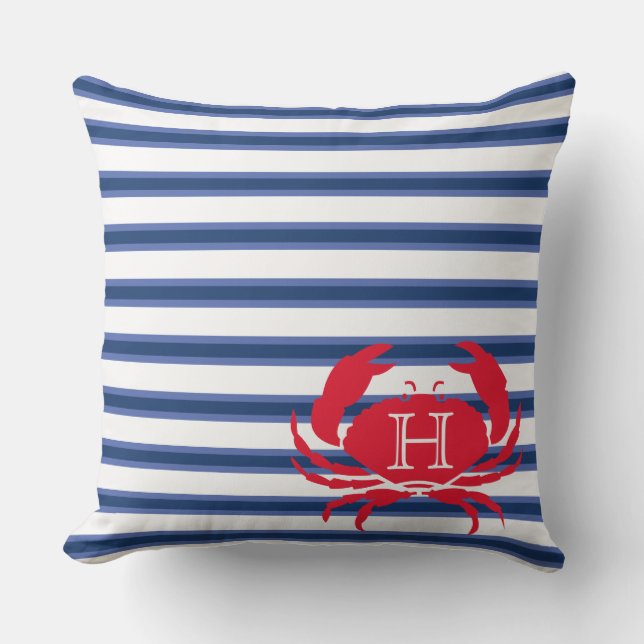 Blue Navy White Red Crab Nautical Modern Stripes O Cushion (Front)