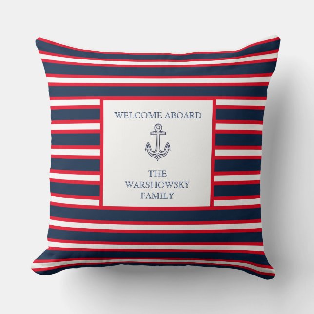 Blue Navy White Red Nautical Monogram Stripe  Cushion (Front)
