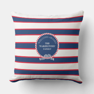 Blue Navy White Red Nautical Monogram Stripe Cushion