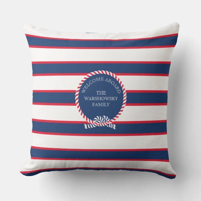 Blue Navy White Red Nautical Monogram Stripe Cushion (Front)
