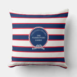 Blue Navy White Red Nautical Monogram Stripe Outdo Cushion