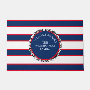 Blue Navy White Red Nautical Monogram Striped Doormat