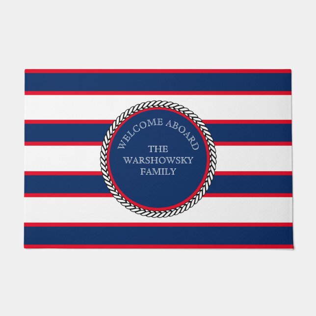 Blue Navy White Red Nautical Monogram Striped Doormat (Front)