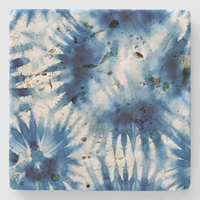 Blue Navy White Stripe Tie Dye Stone Coaster (Front)