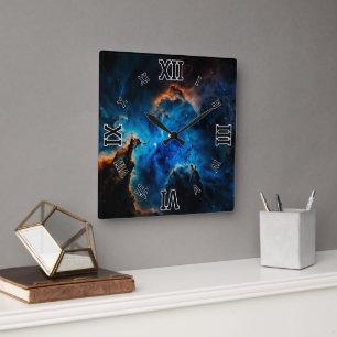 Blue Nebula Clouds AI Concept Art by Xzendor7 Square Wall Clock