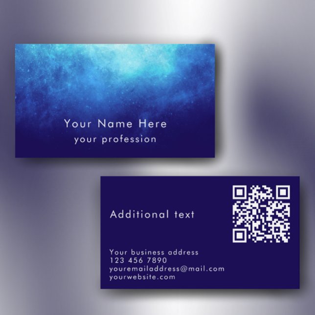 Blue Nebula Custom Text Cool Modern QR Code Business Card (Personalize these unique blue nebula modern custom business card templates.)