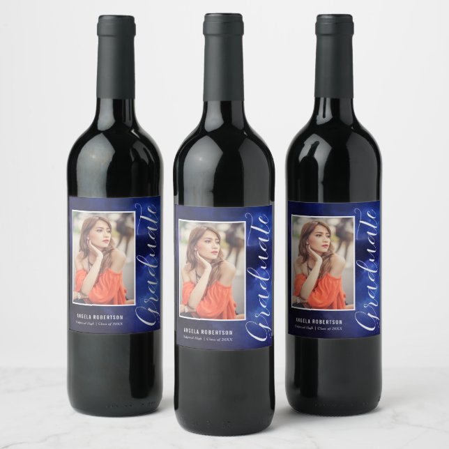Blue Nebula Space Stylish Modern Photo Graduation Wine Label (Bottles)