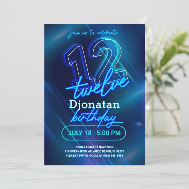 Blue Neon 12th Birthday Party Invitation Card (Standing Front)
